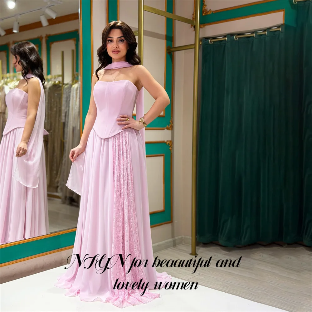 

NFYN Pink Prom Dresses Strapless Draped Neck Scarf Evening Dresses Straight Chiffon Party Dress vestidos de fiesta Customized