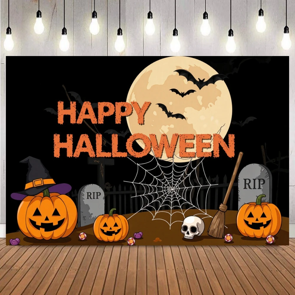 Halloween Cartoon Themed Party Photography Background Spider Web Pumpkin Lantern Ghost Magic Broom Tombstone Deco Photo Backdrop