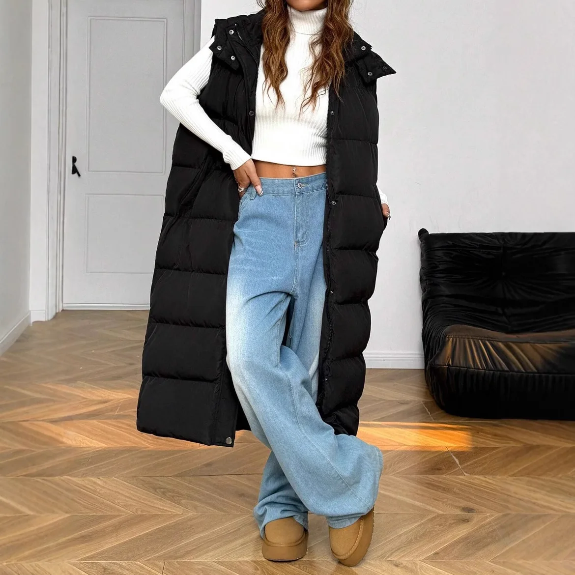 

Женская одежда 2025 года, новый хлопковый жилет, длинная универсальная тонкая модная куртка с капюшоном в корейском стиле