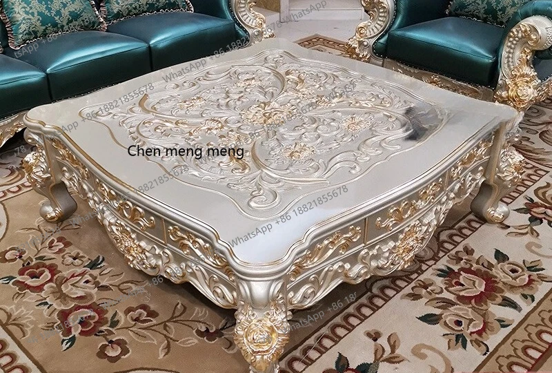 

Solid wood carving flower desktop square coffee table living room high-end champagne coffee table with glass