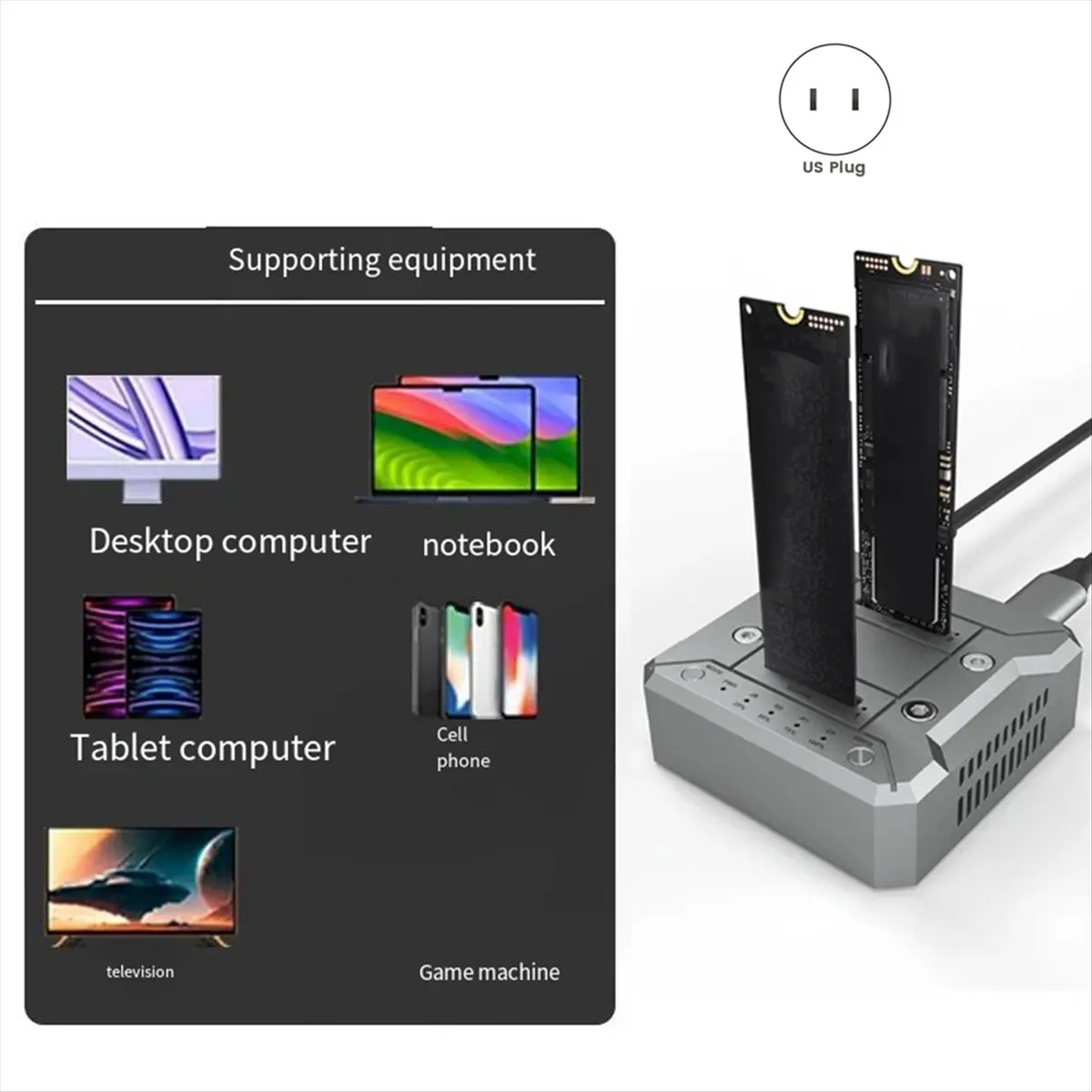 CH◆☆§Dual Bay M.2 NVMe/NVMe SSD Hard Disk RAID10 Docking Station Offline Clone M.2 SSD Duplicator Fan Cooling Array US Plug~HOT