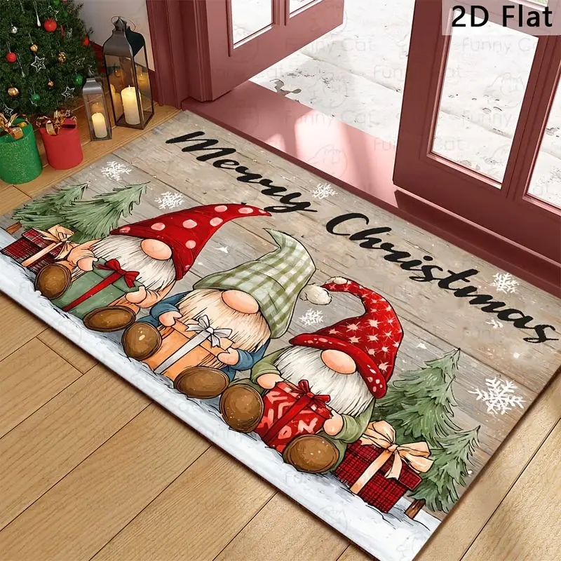 VIKAMA Light Wood Christmas Gnome Entry Rug Red Gift Bag Snowflake Merry Christmas Holiday Door Mat for Front Door Winter Decor