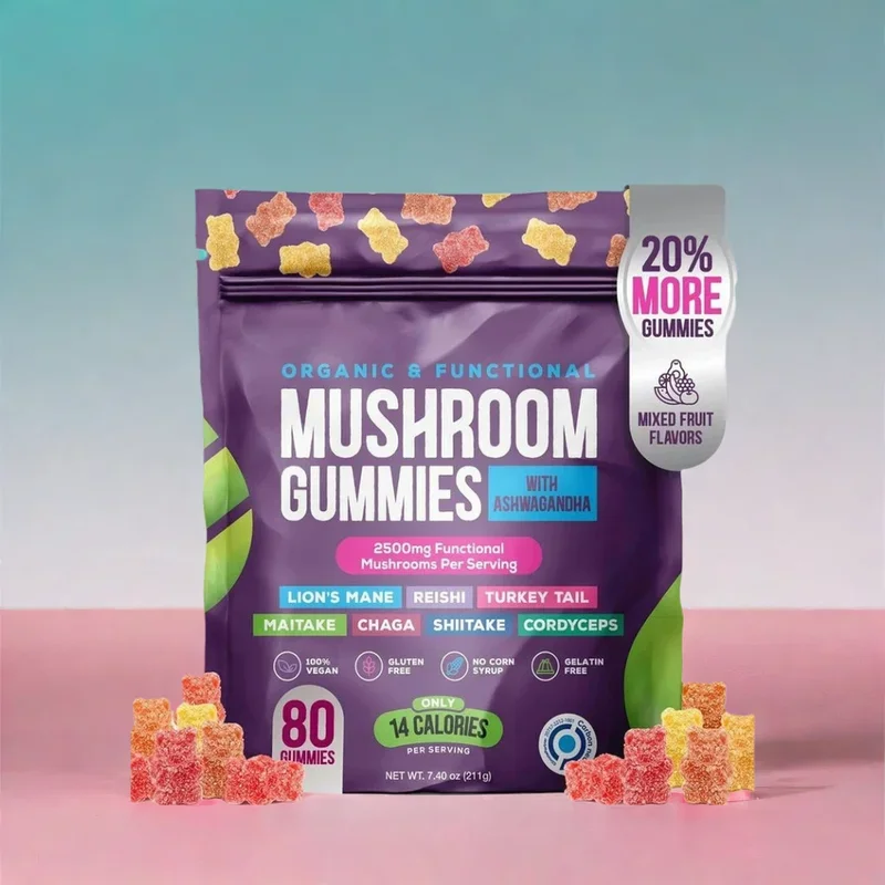 80ct Organic Mushroom Gummies - Ashwagandha 2500mg Functional Blend for Energy Immunity Memory Support Vegan Friendly Supplement