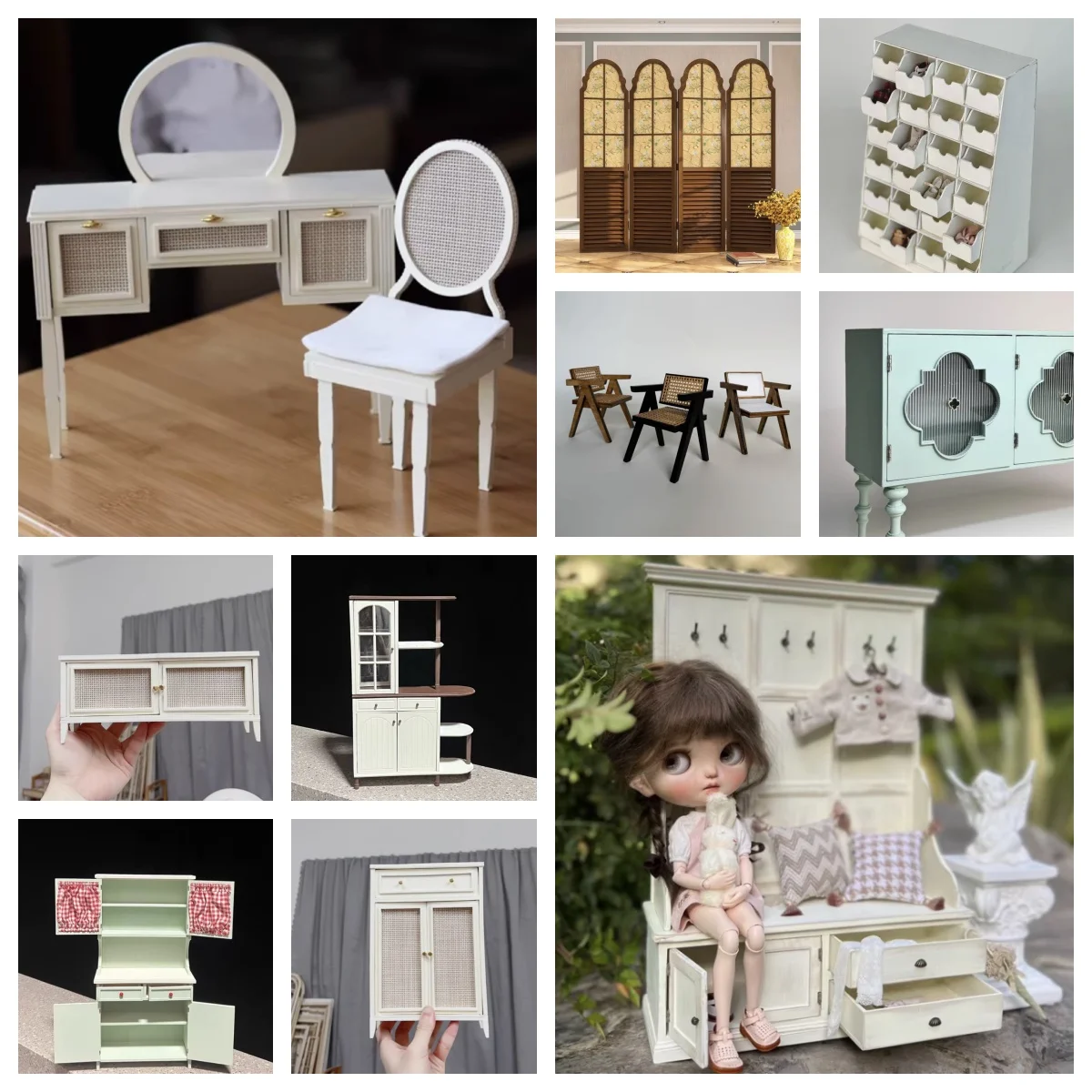 1/6 Dollhouse Mini Furniture | French Creamy Vintage Sideboard Table Storage Cabinet | DIY Material Kit Pack Handmade BJD Decor