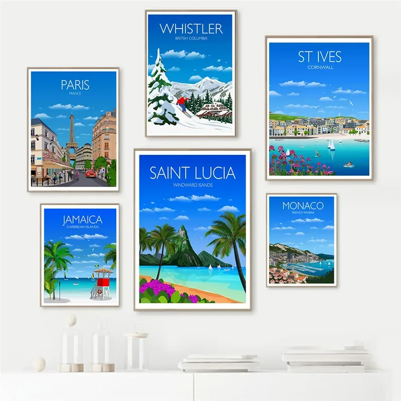 Prague Paris Tokyo Japan Bali Maldives Edinburgh French Riviera Travel Poster Canvas Painting Home Decor Bedroom Decoration