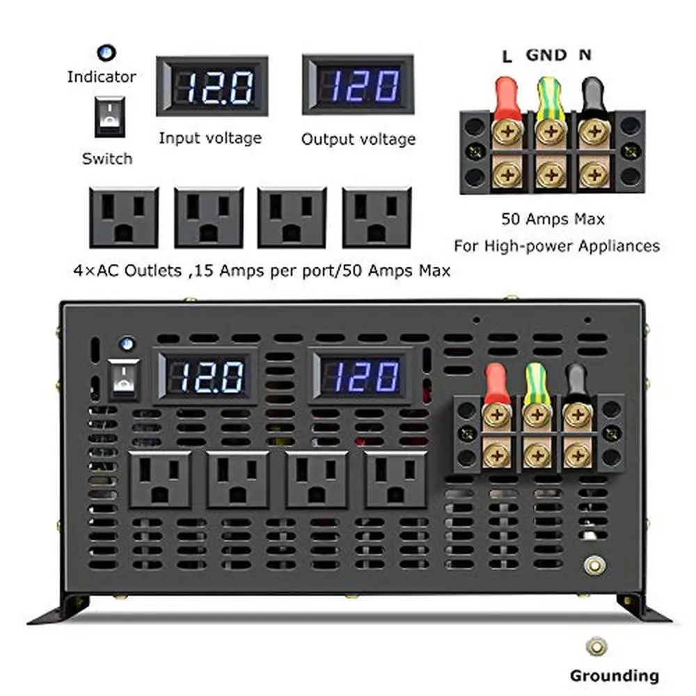 Inversor de corriente de onda sinusoidal pura de 6000W, Solar RV, 12VDC a 120VAC, sobretensión, 10000W, salidas duales, protección de seguridad, control remoto