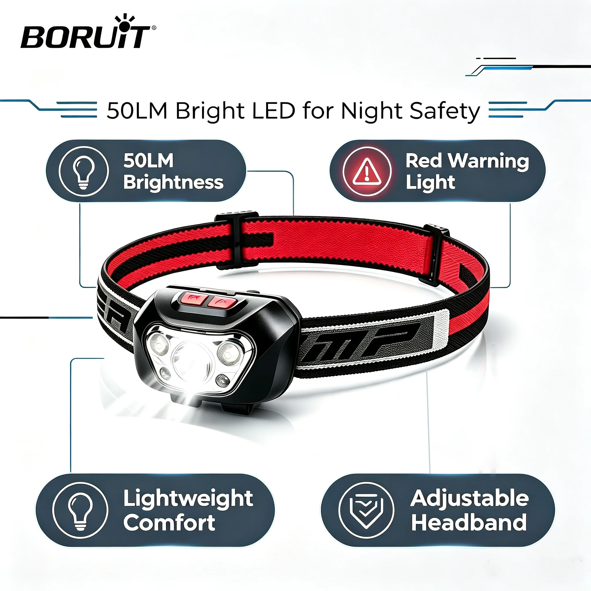 BORUiT 6 Modes LED Headlamp XPG Headlight White Red Light Memory Function Waterproof For Fishing Hiking Camping Repair Light