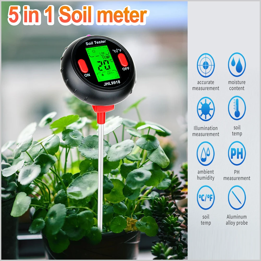 SYXLIF 5 in 1 Soil PH Tester Humidity Moisture Sunlight Temp Digital Soil Meter for Plants Flowers Garden Tool Soil Detector