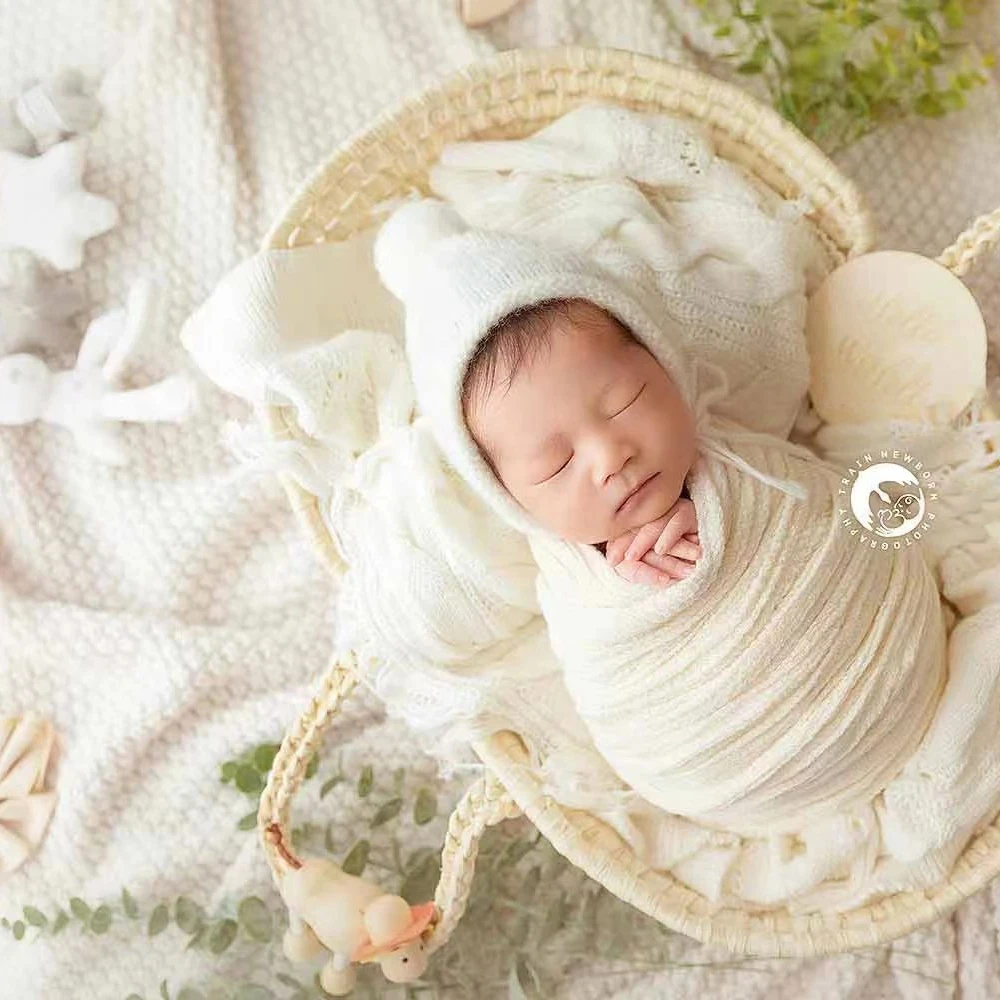 Wool Padded Blanket Baby Photography Props Hand Knitted Basket Padded Blanket Baby Photo Stretchable Fabric Shooting Accessories