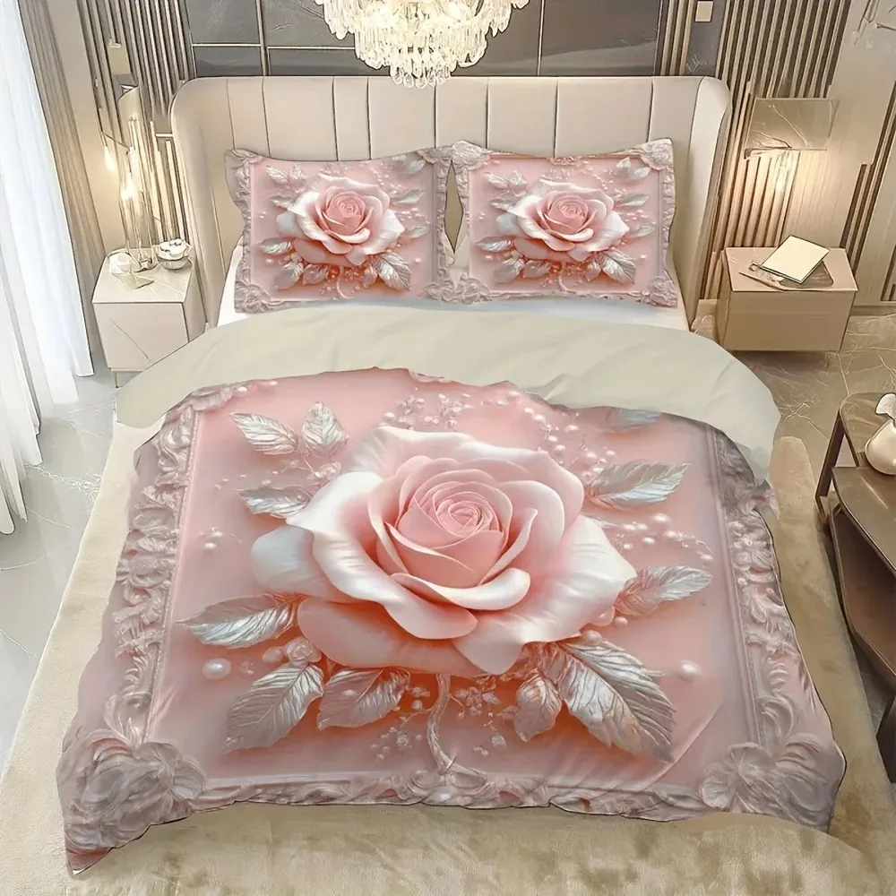 3pcs Pink Bedding Set Girl Wind Flower 3D Print Cozy Duvet Cover King Queen Twin Size Birthday Gift for Adult Bedroom Decoration