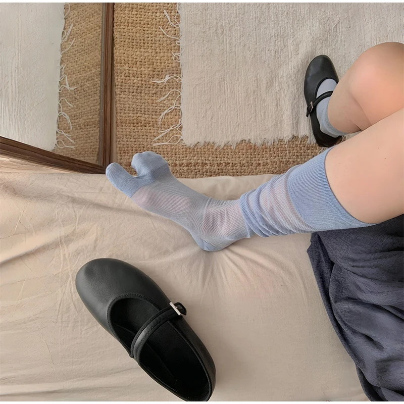 Splitting Toes Long Socks Japanese Style Women Two Toe Sock Summer Thin Mesh Breathable Combed Cotton Calf Socks For Flip Flops