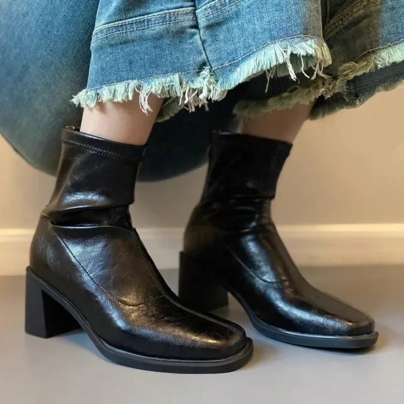 

Autumn Mid Heels Ankle Goth Boots Women 2025 New Chunky Pumps Pu Leather Chelsea Women Shoes Platform Fashion Zipper Botas Mujer