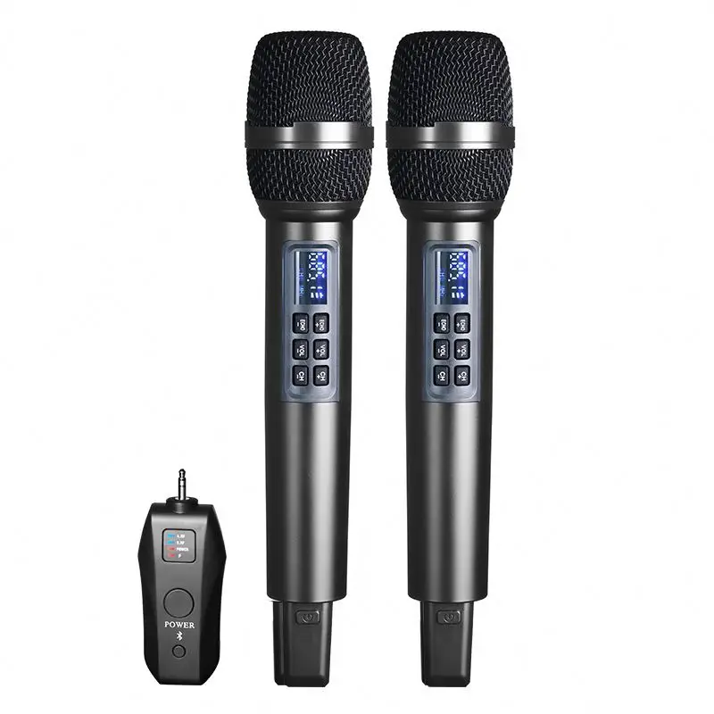 

2 channel wireless microphone with sound card echo treble bass metal 3.5mm connector AUX speaker use karaoke mic with BT
