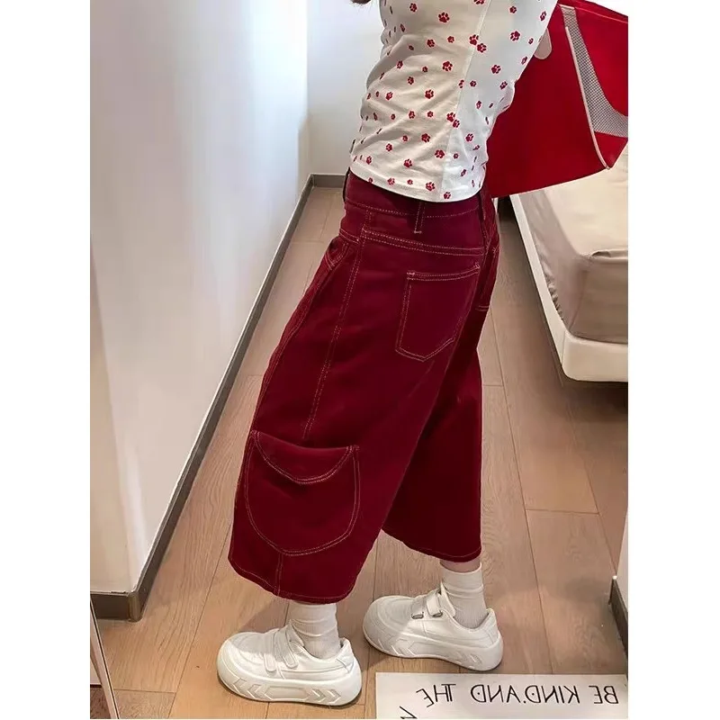 カジュアル レディース パンツ 外出用 デニム ショートパンツ アメリカン ヴィンテージ レッドステッチ ワイドレッグ 夏 ハイウエスト リラックス カーゴ クロップド