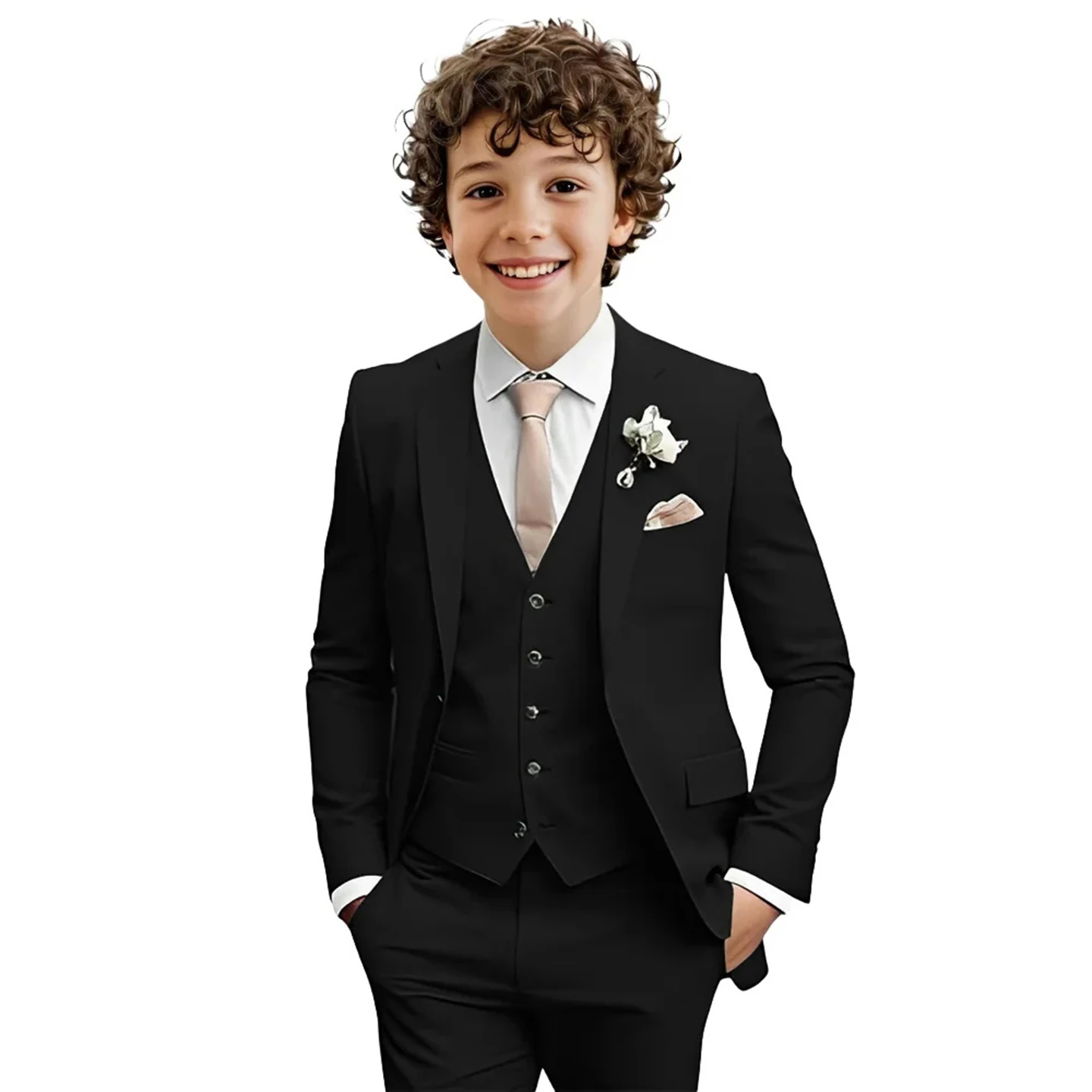 طقم بدلة للأولاد مكون من ثلاث قطع ملابس رسمية على شكل طية صدر السترة لحفلات الزفاف بدلة أداء للأطفال الأولاد بزر واحد #2
