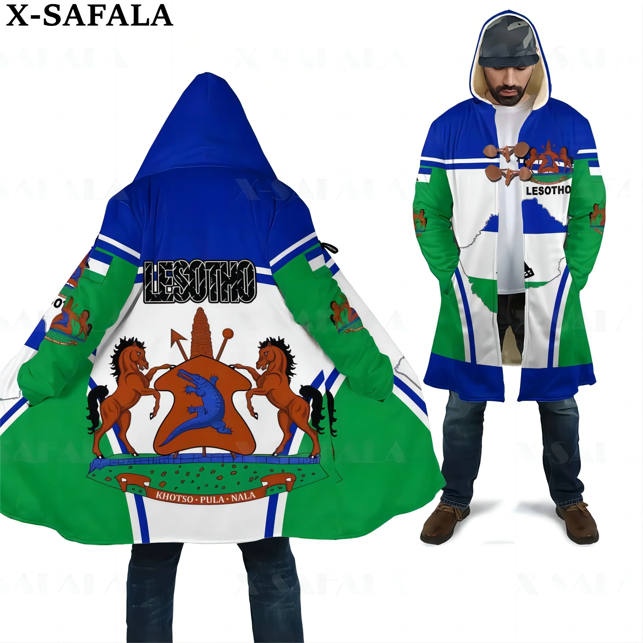 Lesotho Emblem Action Flag Country Art  Thick Warm Hooded 3D Print Cloak Men Overcoat Coat Windproof Fleece Cape Robe Blanket-1