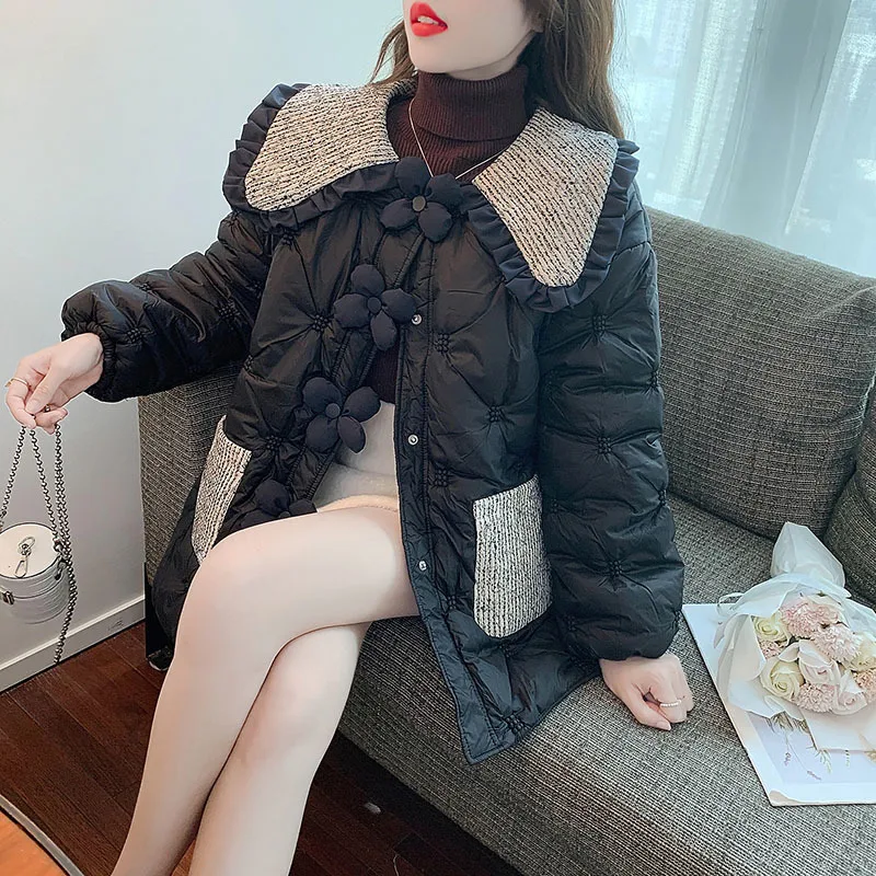 Sweet Peter Pan Collar Parka Coat Women Winter 2023 Fashion Hit Color Pockets Jacket Causal Flowers Zipper Parkas Top