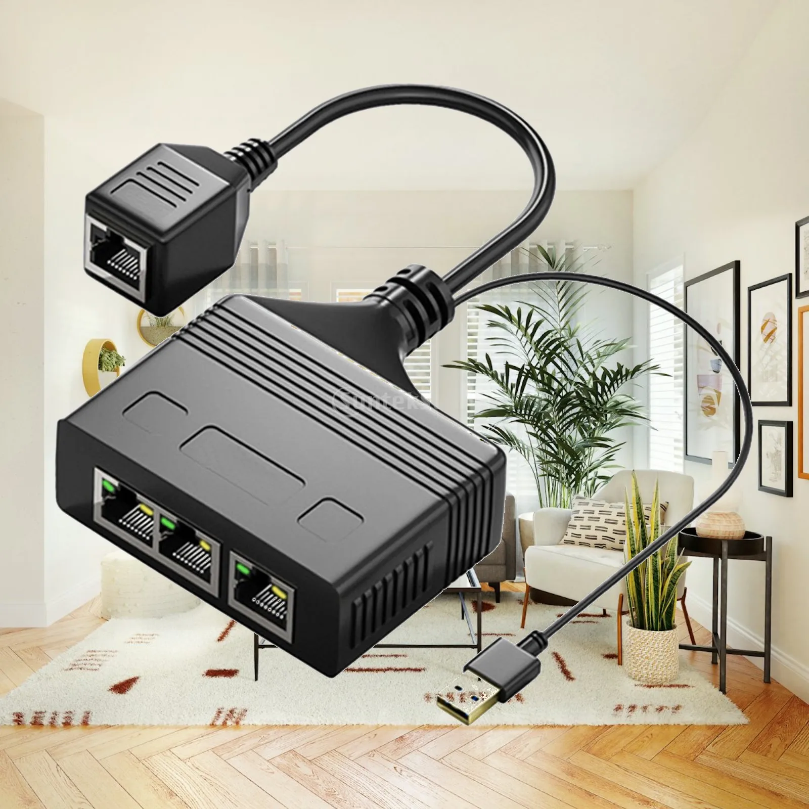 LAN Ethernet Splitter 1 to 4 Port Adapter Cable for Cat6 Cat7 Cat8 High Speed Internet Sharing with USB Power Cord