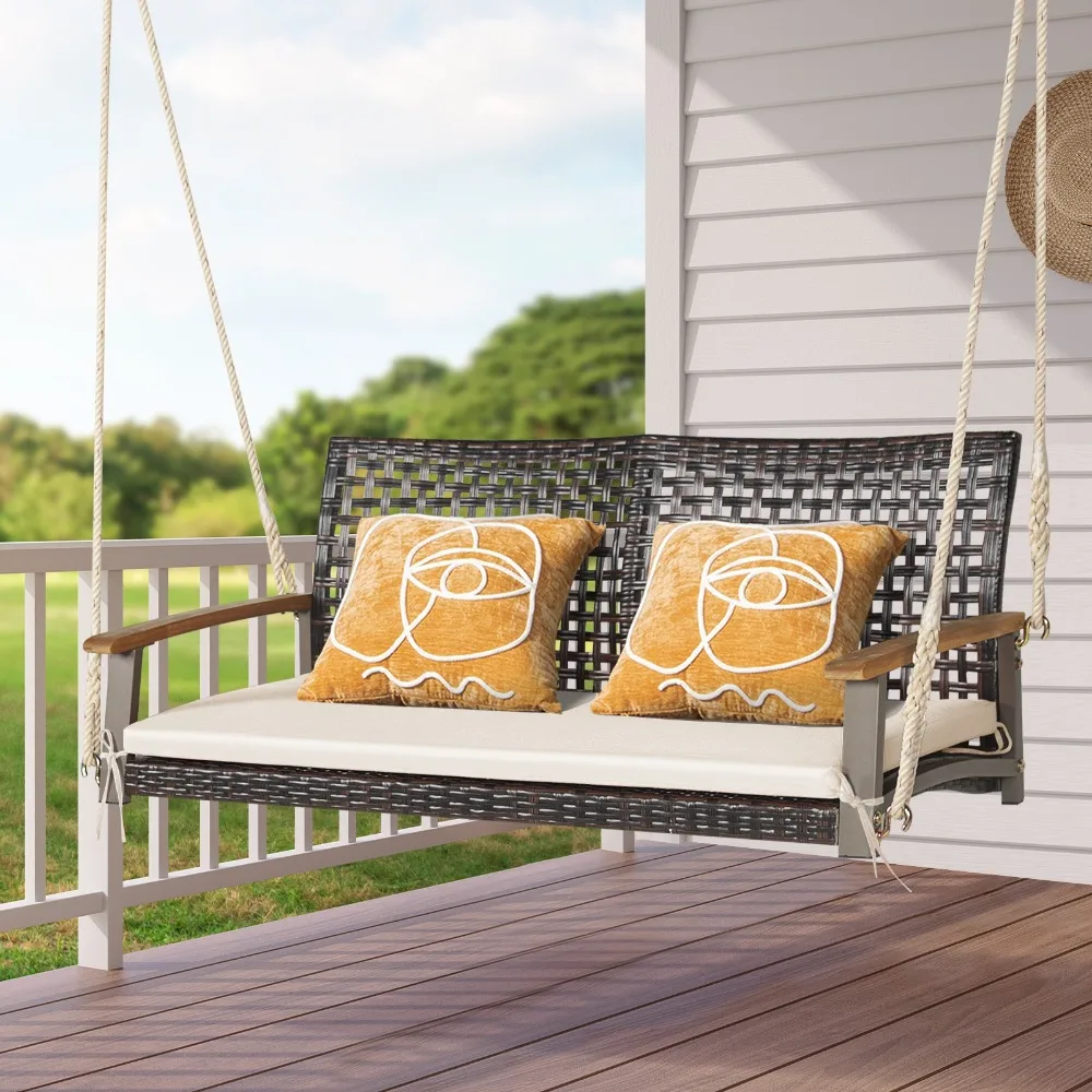 

2-Person Patio Rattan Hanging Swing Chair Porch Loveseat Cushion