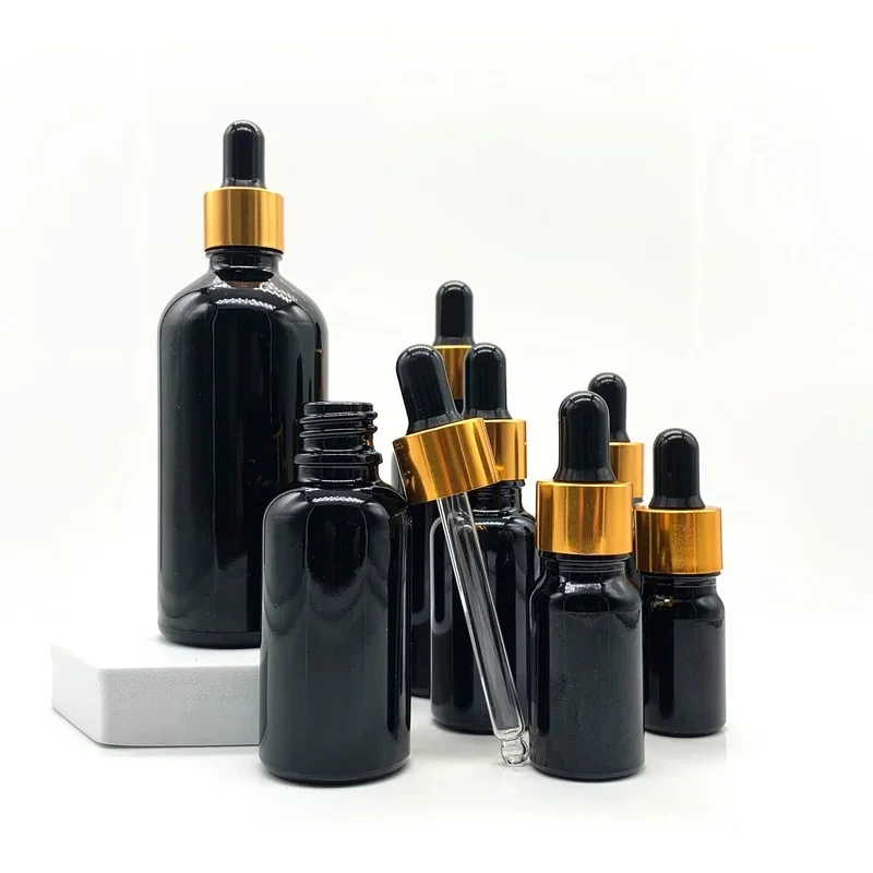 5-100ML Black Dropper Glass Aromatherapy Liquid for Essential Massage Oil Pipette Refillable Bottles Gold Lid Cosmetic Container