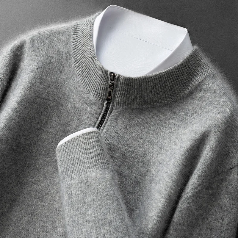 Men's 100% Cashmere Knitted Sweater Half Zipper Stand up Collar Pullover Casual Business Striped Base Top for Autumn Winter
