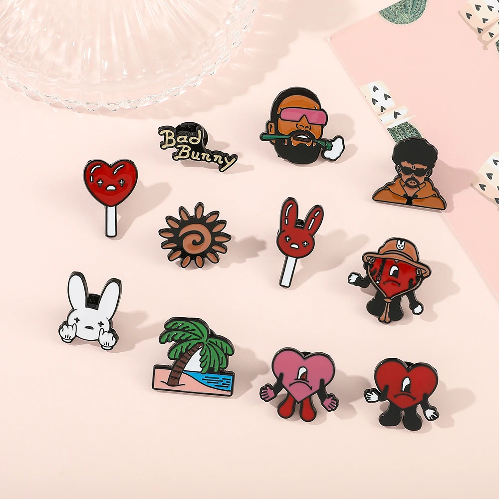 Bad Bunny Brooch Creative Jewelry Red Heart Rapper Bad Rabbit Enamel Pin for Clothing Backpack Pins Accessories for Kids Gift