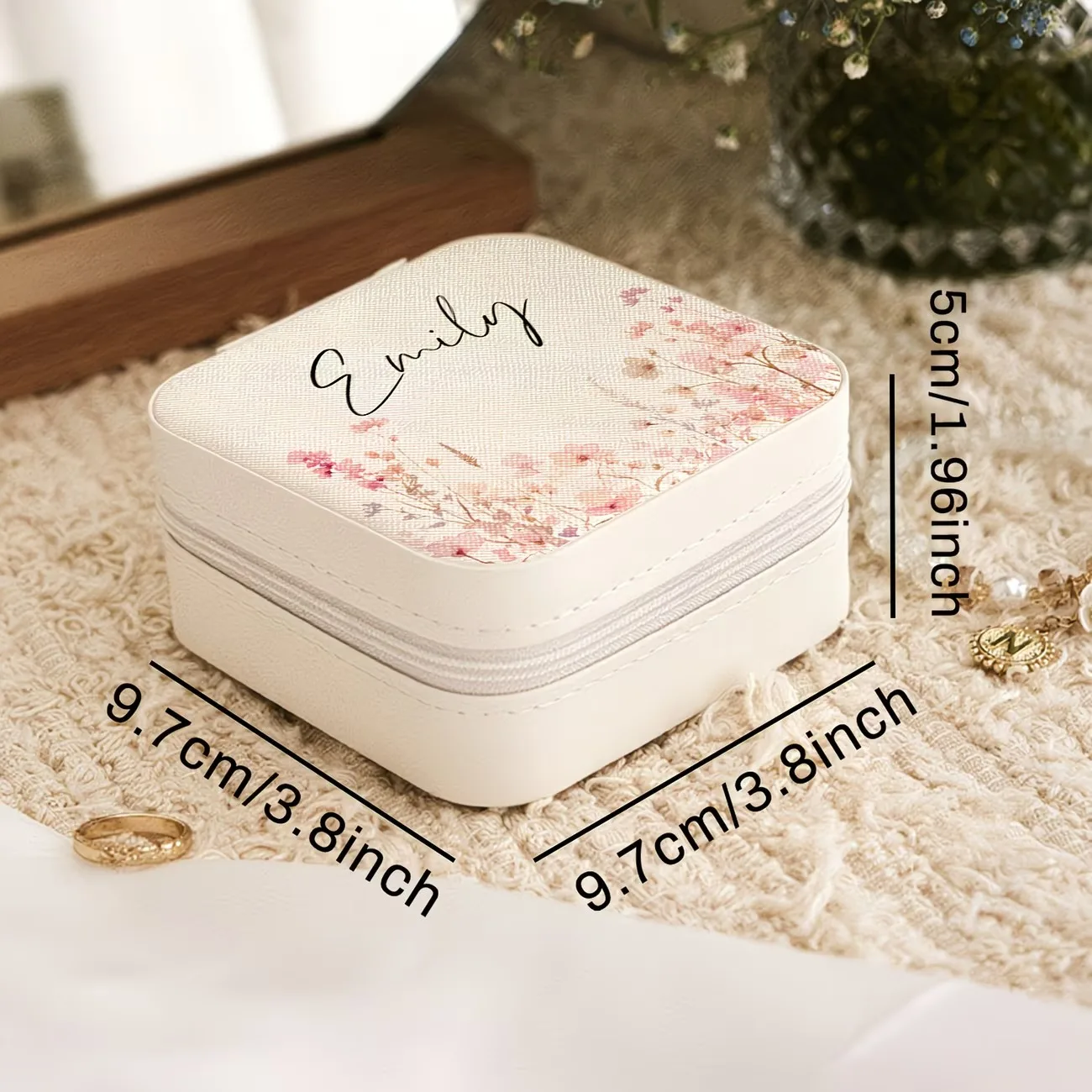 Custom Beige Jewelry Box Featuring a Flower Field Design, with a Zipper Closure. Ideal for Custom Names, It Makes a Perfect Gift