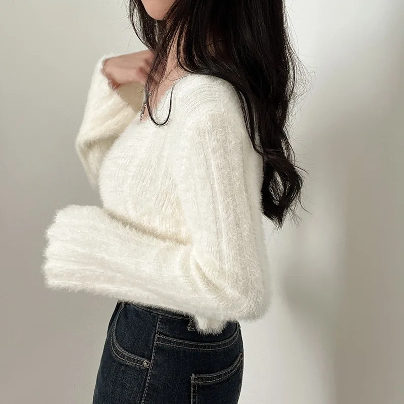 Cropped Pullovers Women Slim Knitted Sexy Gentle Inner Autumn Winter Sweater Chic Square Collar Females Soft All-match Ulzzang