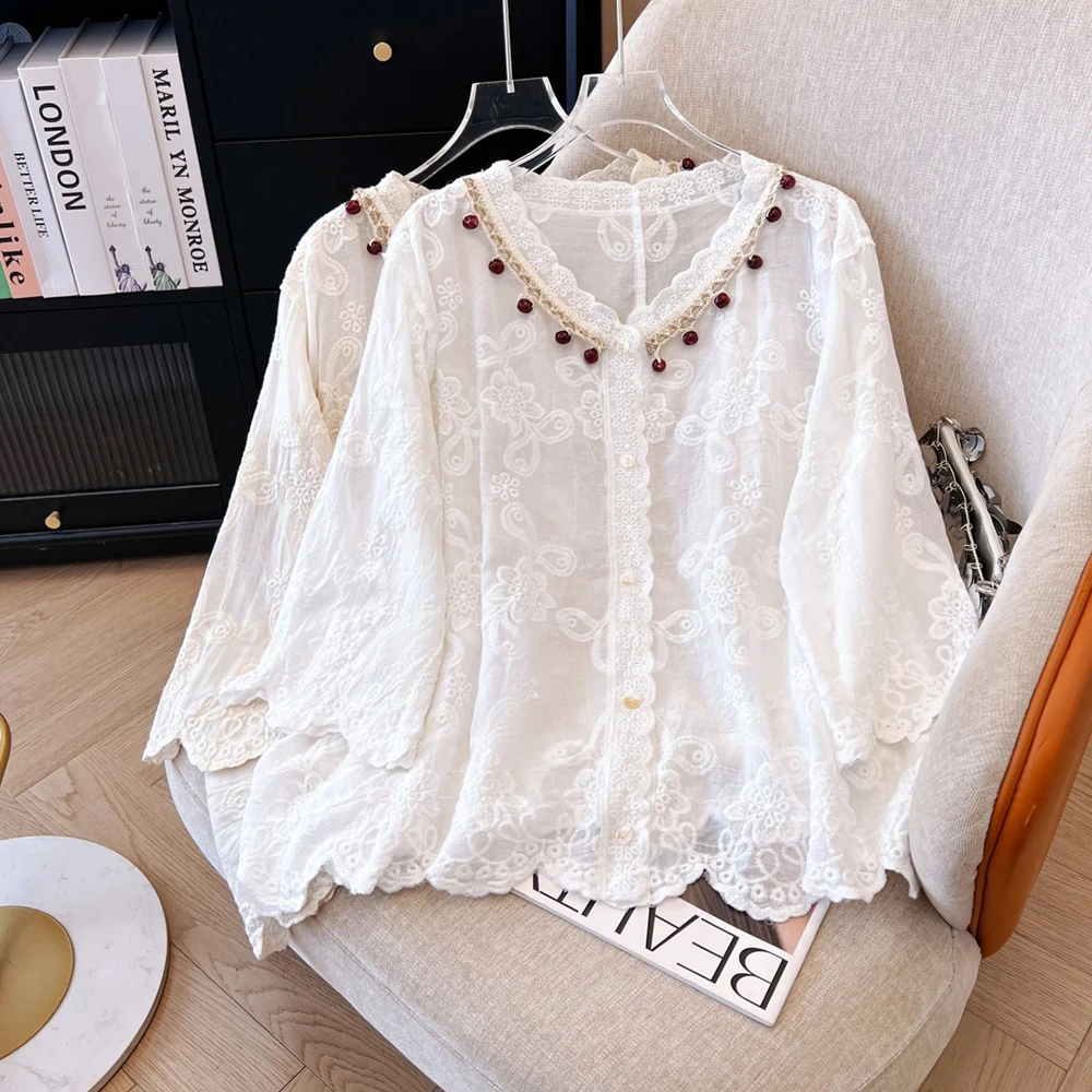 

Women Floral Embroidery Casual Shirt New Chinese Style V-Neck Single Breasted Loose Blouses Spring Autumn Thin Shirts