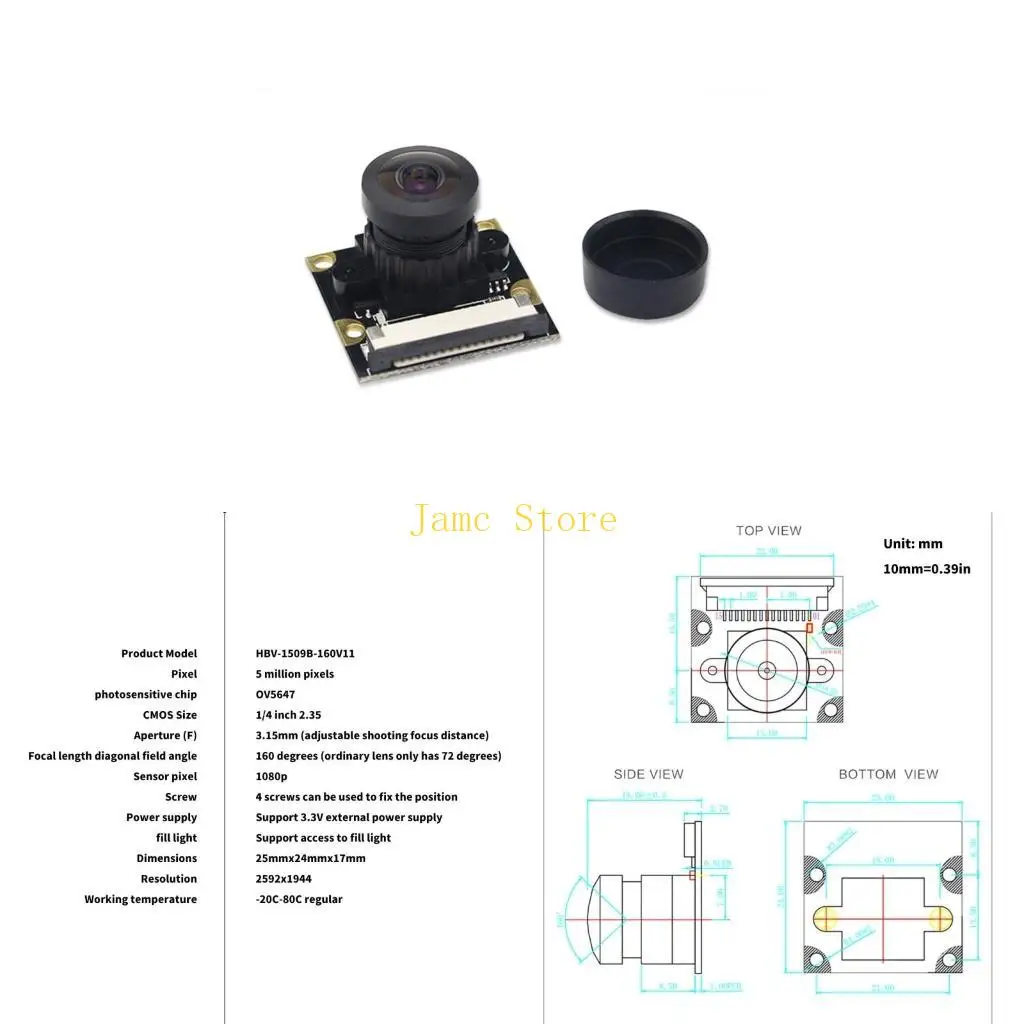 LX0B 160 degrés 5647 Module caméra pour RPI 3B + 4B réglable 5MP 2592x1944 avec module câble ruban Pièce secours