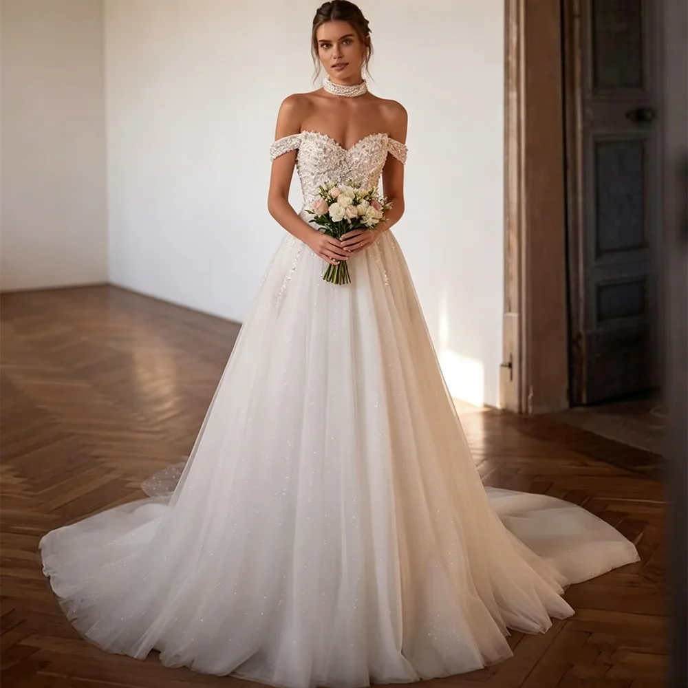 Customized Wedding Dress for Bride 2026 Luxury Off The Shoulder Sweetheart Pearls Sweep Train Glitter Tulle Bridal Gown