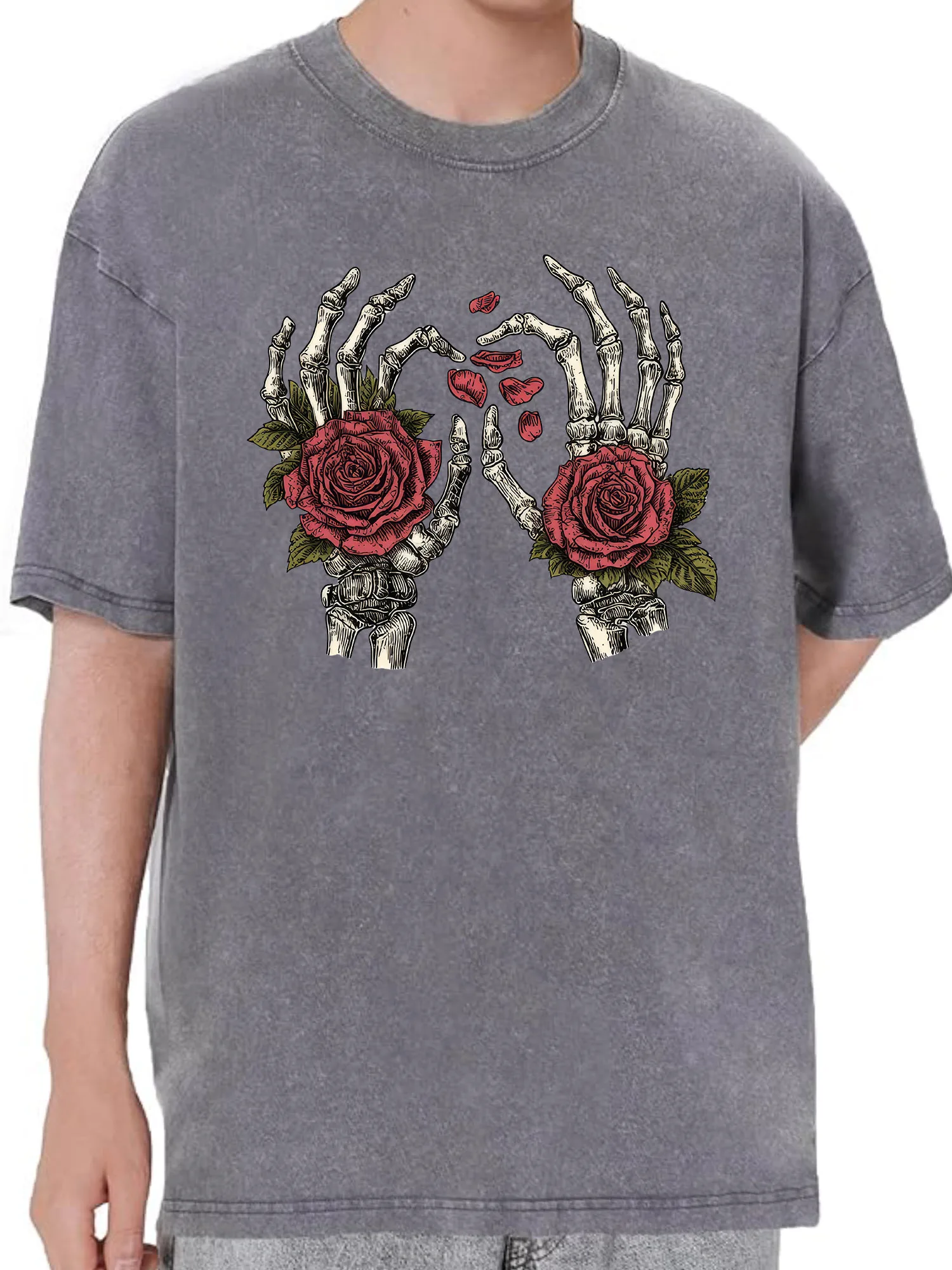 Skull with Flowers Oversized Washed Graphic T-Shirt, 100% Cotton Streetwear Tee for Men, Vintage Hip Hop Loose Fit Tops