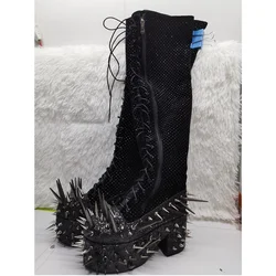 Nero Lace Up Rivet Diamond Boots Platform punta tonda tacco grosso alla moda Cool Western Winter Woman Shoes Zapatillas Mujer