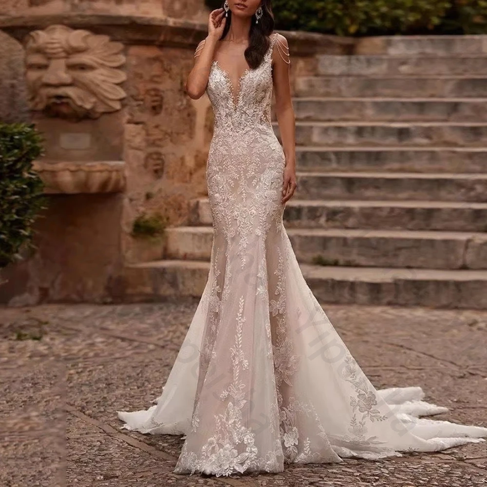 Customized Sequin Lace Wedding Dresses V-neck Decal Sweeping Train Backless Mermaid Bride Evening Dress Sexy Prom Party Gowns