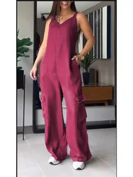 Summer Fashion Pocket Strap Jumpsuit Women Casual Loose V-neck Sleeveless Denim Wide Leg Jumpsuit Women