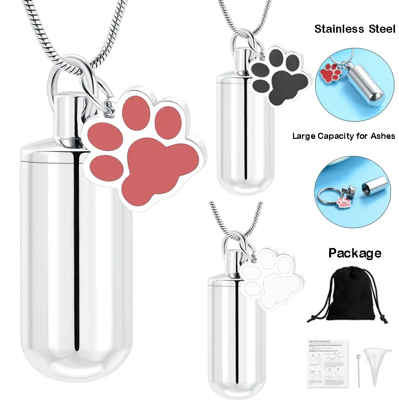 Cylinder Urn Necklace With Customized Paw Board Stainless Steel Women/Men Pendant For Dog Cat Ashes Cremation Jewelry Wholesale