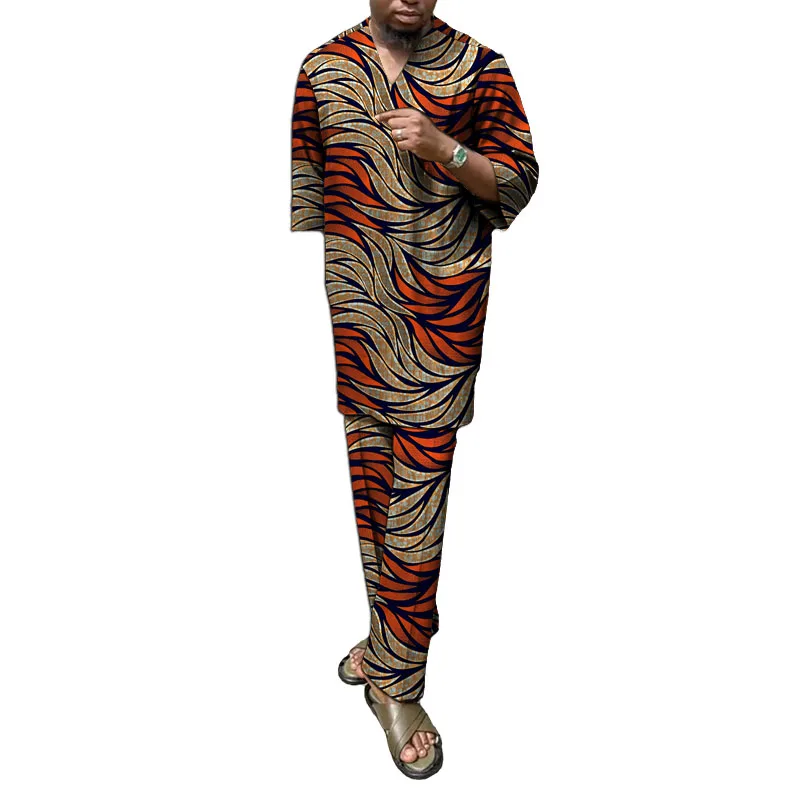 

Original Design Wax Print Men's Set Tailor Made Private Size 3/4 Sleeve Shirt+Pant African Couture Wedding/Party Groom Suit