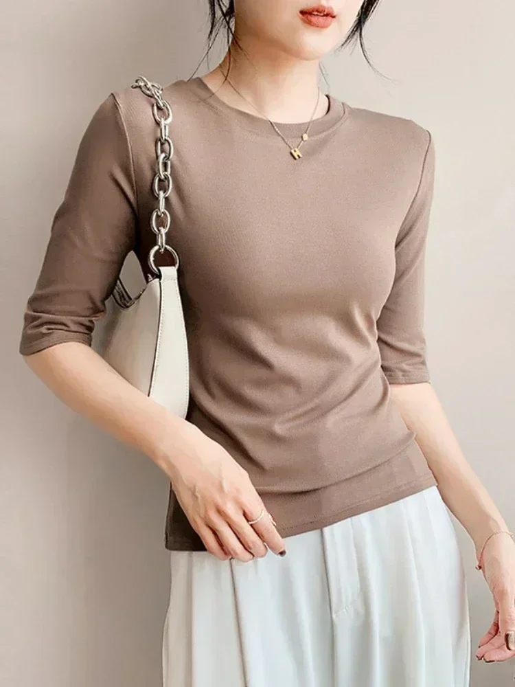 2025 الأساسية قمة صلب قصيرة الأكمام Crewneck نحيل تي شيرت الصيف عادية المحملة للنساء y2k خمر Harajuku الشارع الشهير