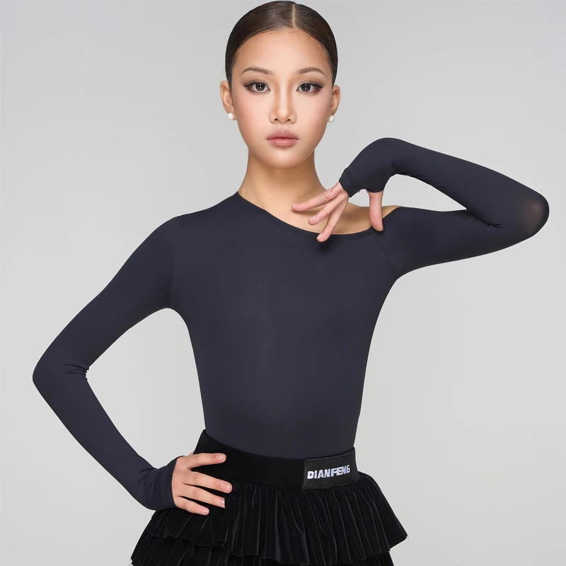 Vestidos de baile latino Samba para niños, traje de competición de baile latino para niñas, Top con hombros inclinados, falda para pastel, traje de actuación SL14054