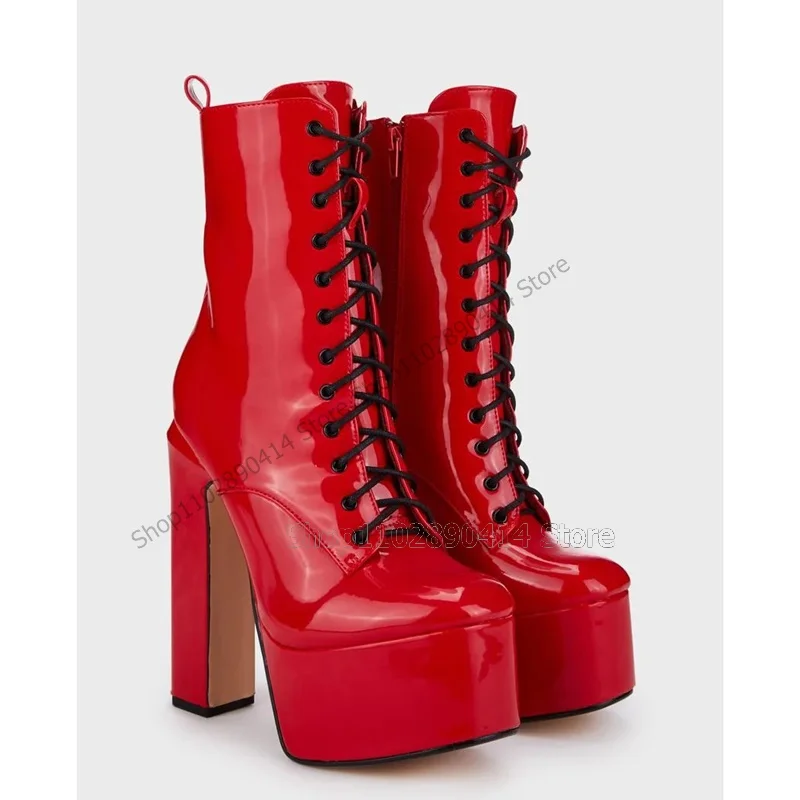 Red Patent Leather Cross Tied Platform Boots Side Zipper Women Shoes Chunky High Heels Novel Fashion 2023 Zapatos Para Mujere