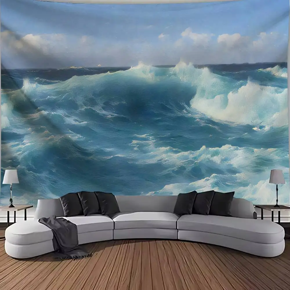 Ocean Waves Seascape Tapestry Vintage Style Sea Storm Surf Blue Sky Cloud Nature Landscape Living Room Home Decor