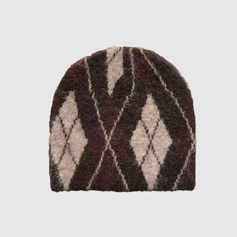 New Wool Blend Designer-Inspired Beanie Hat Diamond Pattern Ivy League Knit Hat Brushed Soft Surface Premium Slouchy Winter Hat