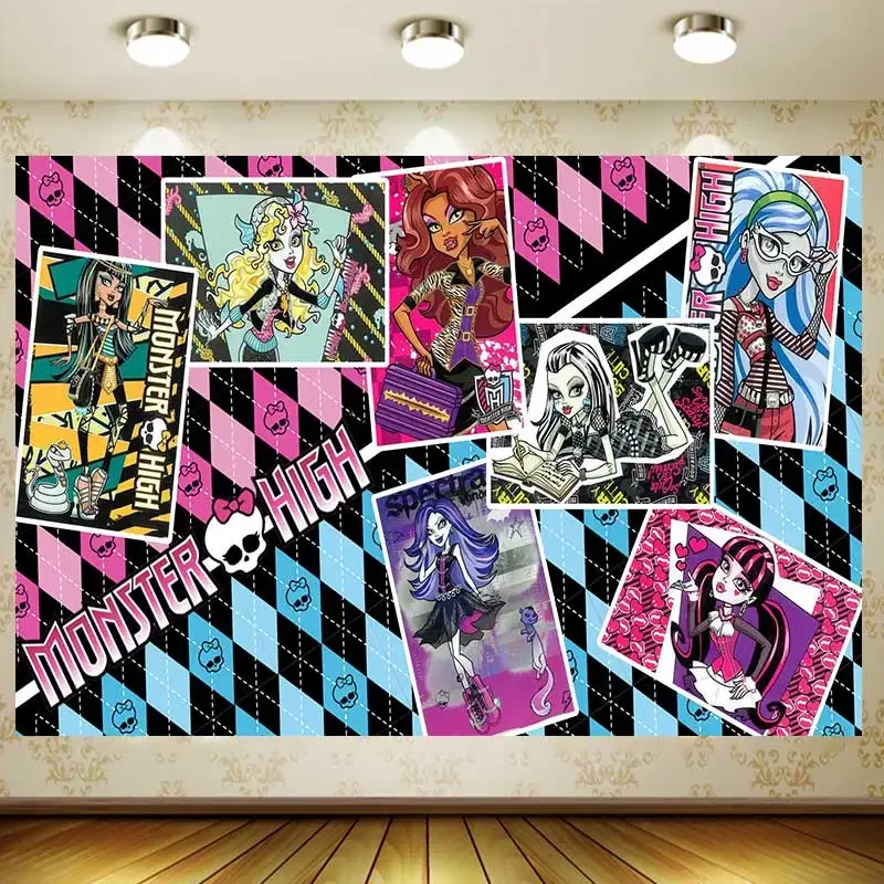 Tapisserie de fête d'anniversaire haute résolution, dessin animé fille monstre Vampire, fournitures de bannière, arrière-plan de décoration pour fête prénatale pour enfants