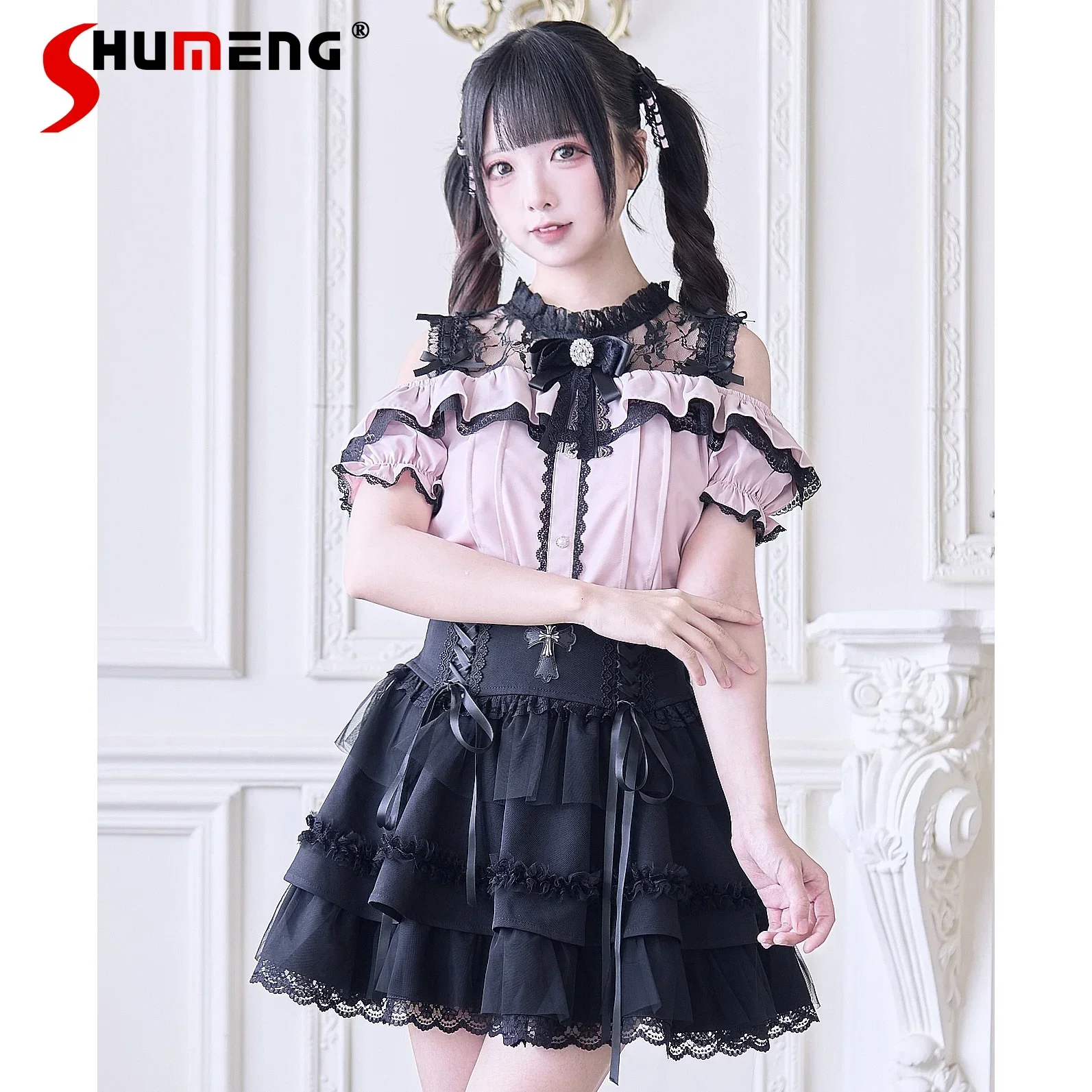 Mine Series Lace Stitching Lolita Shirt 2025 Summer New Female Cute Bow Top Blouses Women's Subculture Y2k High Waist Skirt