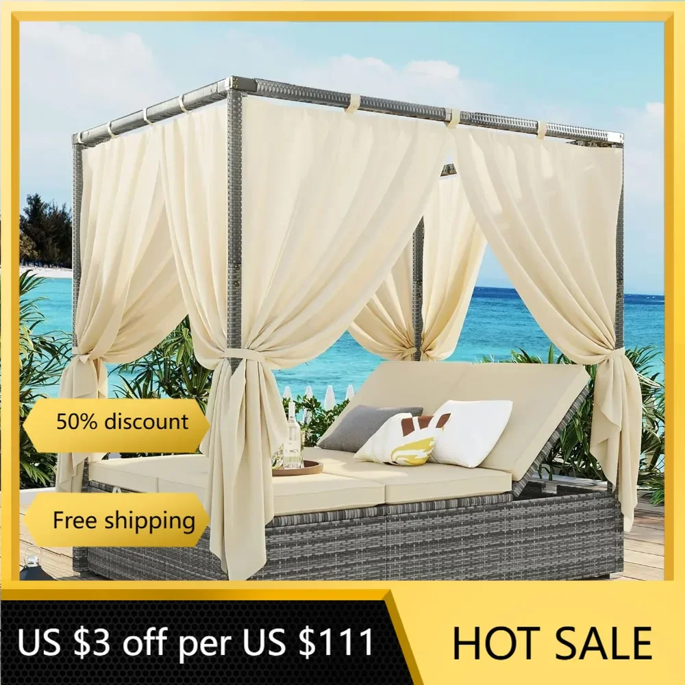 

Outdoor Canopy Bed with Adjustable Seats & Four-sided Canopy, Rattan Chaise Lounge Daybed Patio Loveseat Sofa Bed Set