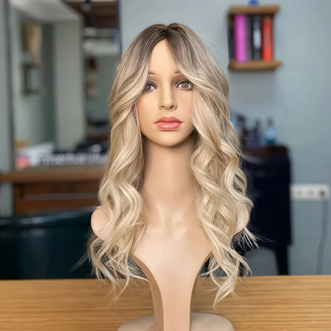 

Free Part 13×4 Transparent Lace Front Wig Dark Roots Ombre Blonde Curly Wig Medium length wigs For Women Daily Use