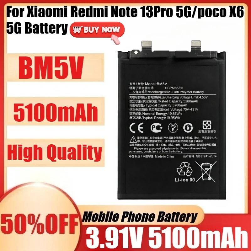 New BM5V 3.91V 5100mAh High Capacity BM5V Battery for Xiaomi Redmi Note 13Pro 5G/poco X6 5G Batteries with tools