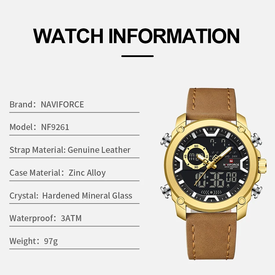 NAVIFORCE Super Cool Style Men's Dual Display Time Genuine Leather Wristwatch 3ATM Waterproof Alarm Clock Mode Boys' Watch Gifts