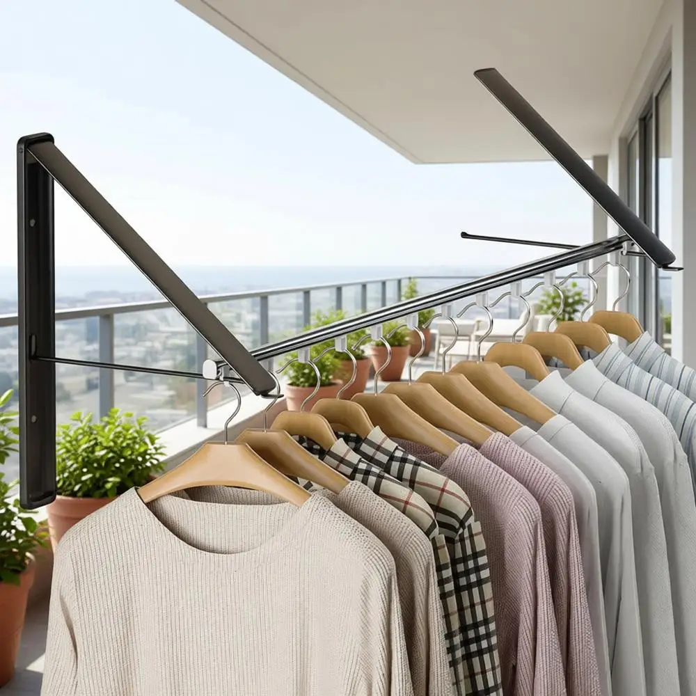 

Space-Saving Wall-Mounted Retractable Clothes Drying Rack with 2 Racks and 1 Rod, Black Metal Hanger for Laundry, Dorm, Closet,