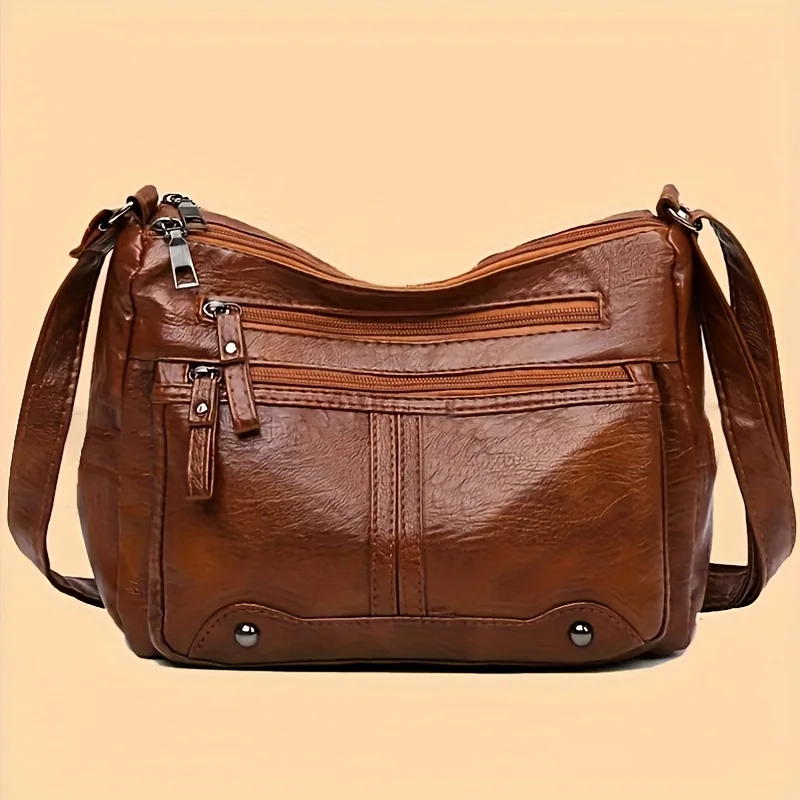 Ins Hot Retro Damen-Umhängetasche aus Leder mit Used-Look, Crossbody-Tasche mit mehreren Reißverschlusstaschen, trendige, geräumige, verstellbare Schultertasche – Detail 4